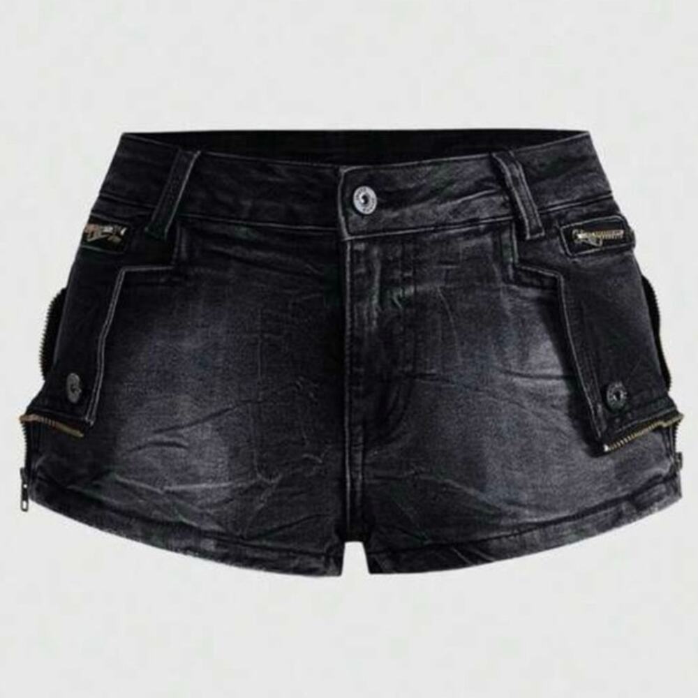 ROMWE Grunge Punk Baddie Y2K Shorts Black Skull Embroidery Super Low Rise 0XL